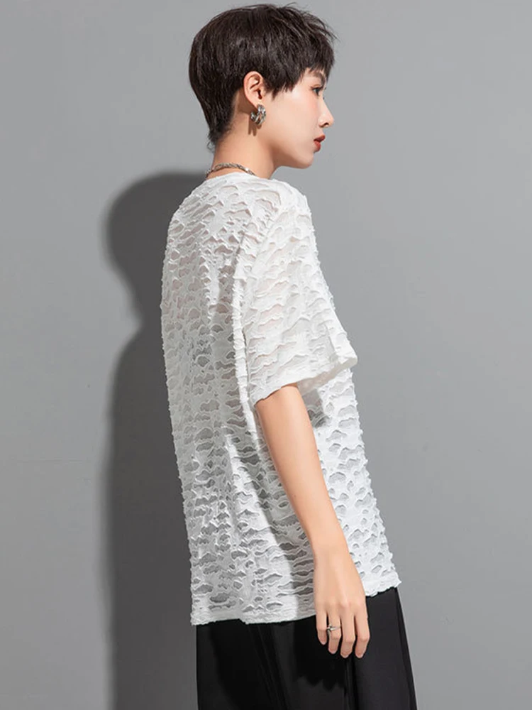 Amax luluE 2025 Spring Womens Fashion Mesh Design Punk T-shirts Loose Casual Lace Tops Ladies Sexy Casual Classic O Neck Clothes