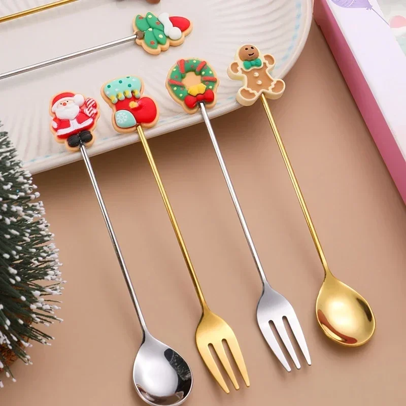 2/1PCS Christmas Tableware Set Stainless Coffee Dessert Spoons Fork Xmas Gifts Christmas Decoration 2023 New Year Home Decor