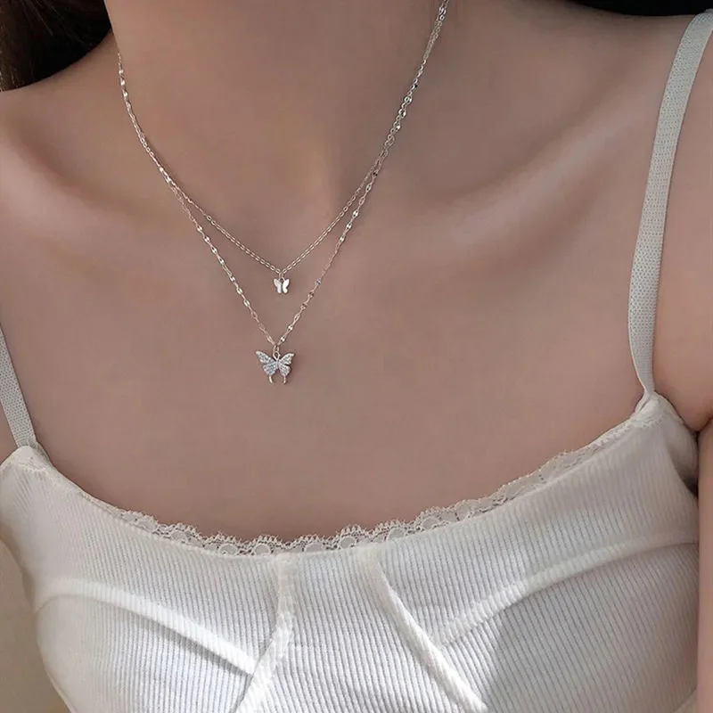 Butterfly Double Layers Necklace No Colour Loss Fashion Trend Collarbone Chain Temperament Stacking Butterfly Pendant Lock Chain