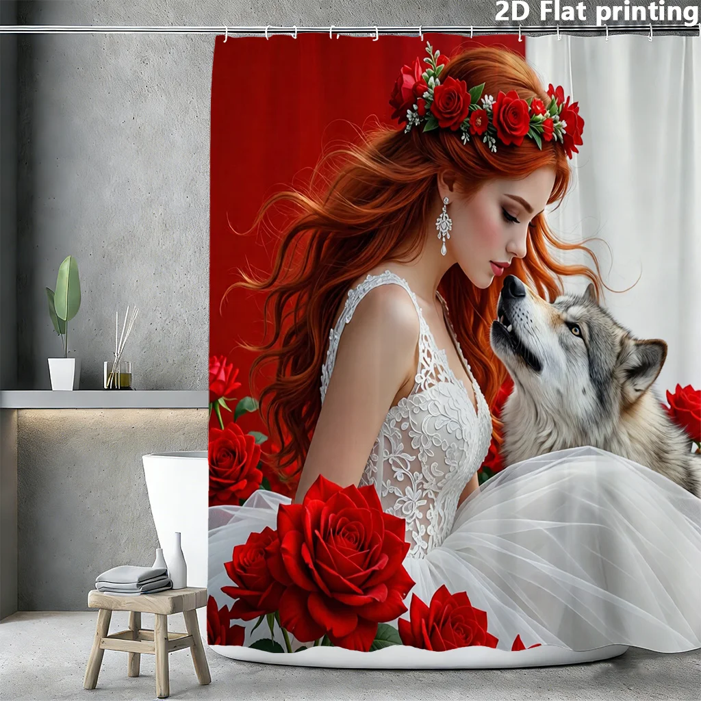 

Red Rose Bride & Wolf Shower Curtain, Fantasy Romance Art Print, Waterproof Polyester Bathroom Decor for Girls