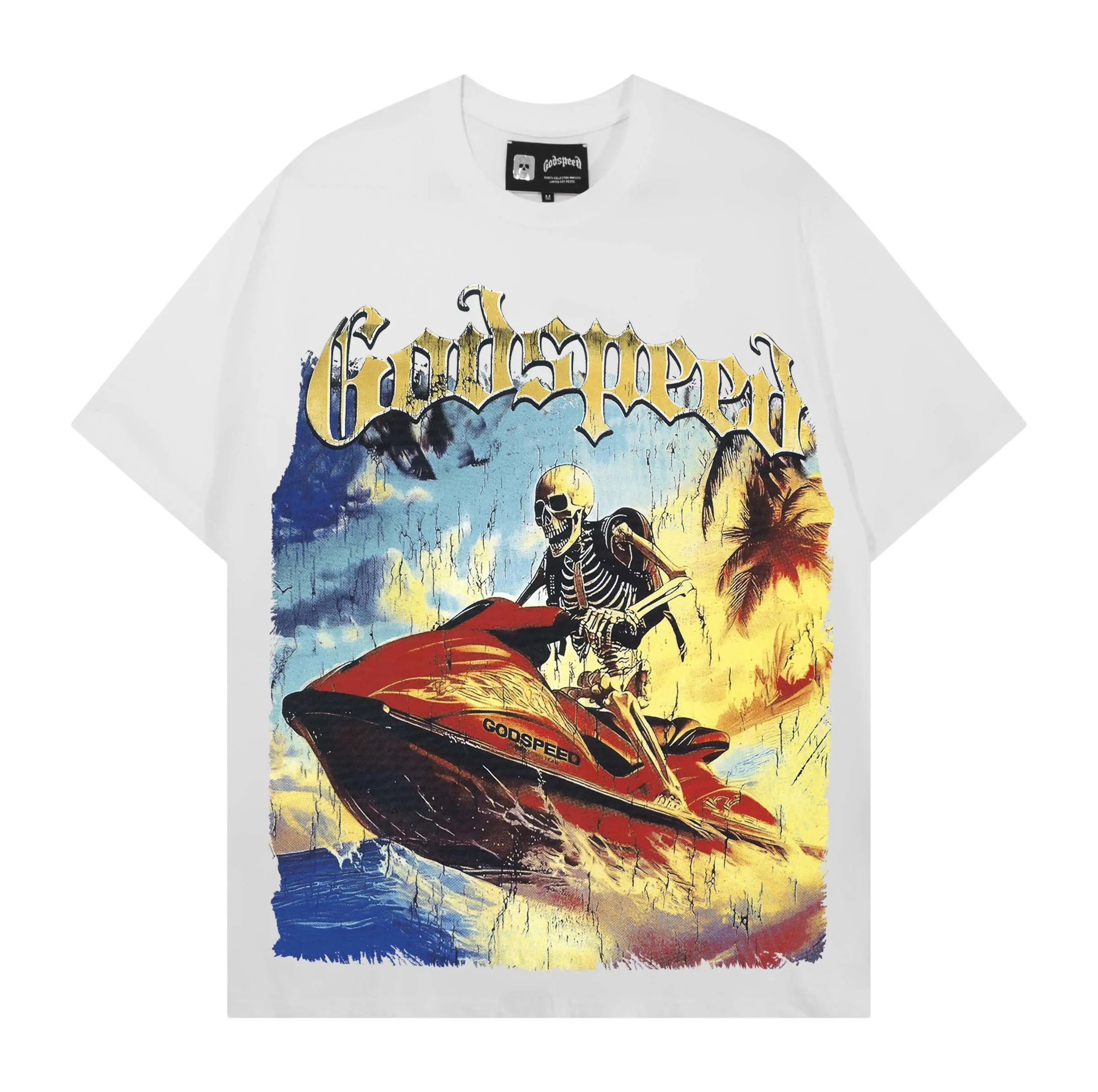 Godspeed American Surf Skull Print High Street Men's Heavyweight Pure Cotton Loose T-Shirt Short Sleeve Youth Fashion
