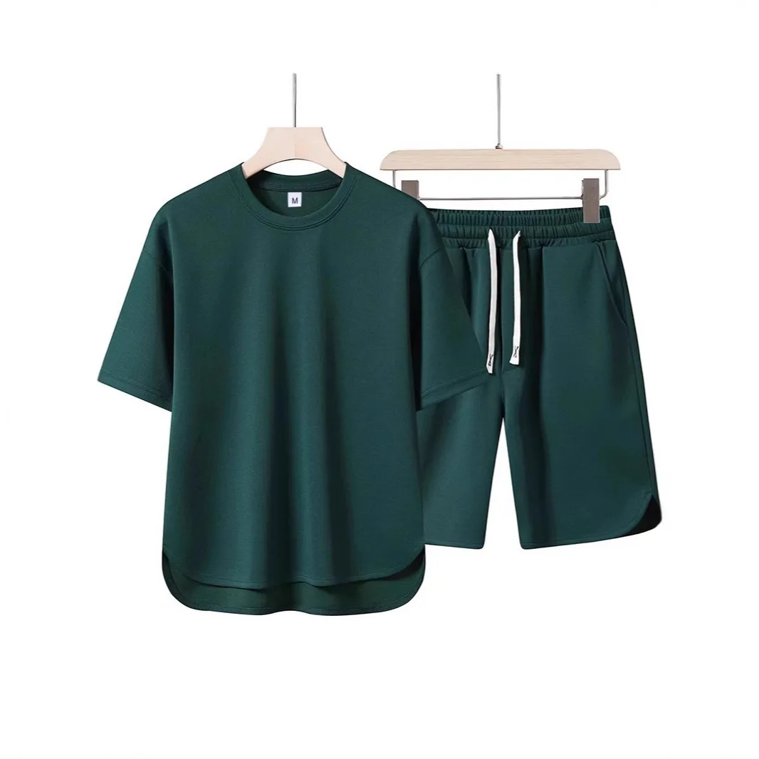 Men's Round Neck Short Sleeved Shorts Fashion Men's Summer Set Two-piece Set Breathable T-shirt Hem Curved Shorts Set