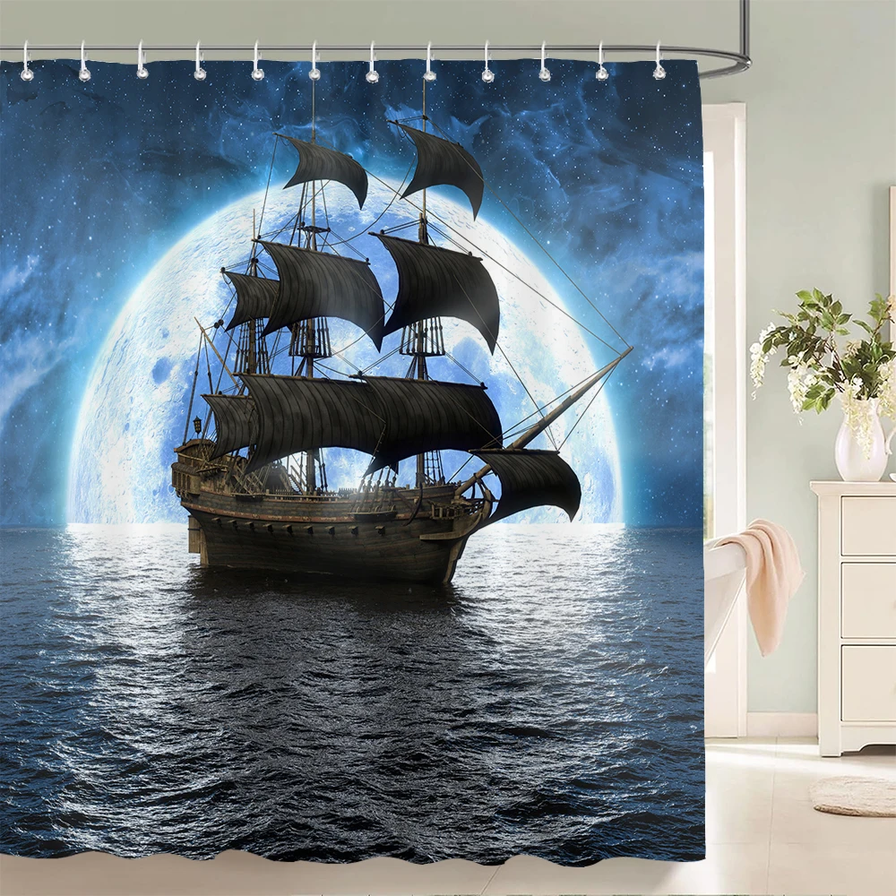 Old Pirate Ship Sea Shower Curtains 3d Printing Bath Curtain With 12 Hooks Bathroom Waterproof Polyester Cloth Bath Screen