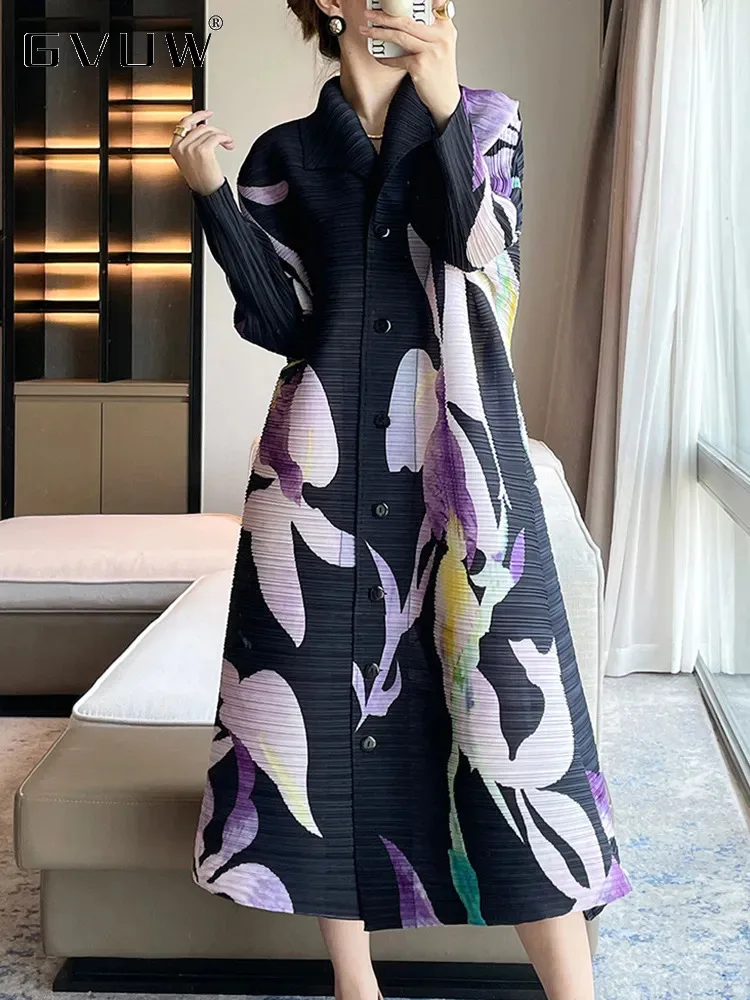 GVUW Pleated Print Dress Women Lapel Single Breasted Full Sleeve Medium Long Loose Office Lady New 2024 Chic Style 17G2851