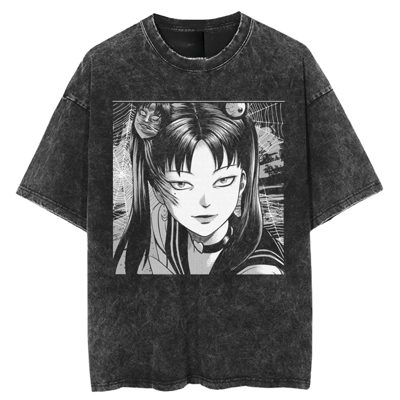Summer New Tomie Junji Ito Retro Washed Antique Short-Sleeved T-Shirt Men's Trendy Brand Japanese High Street Hip-Hop Shirt