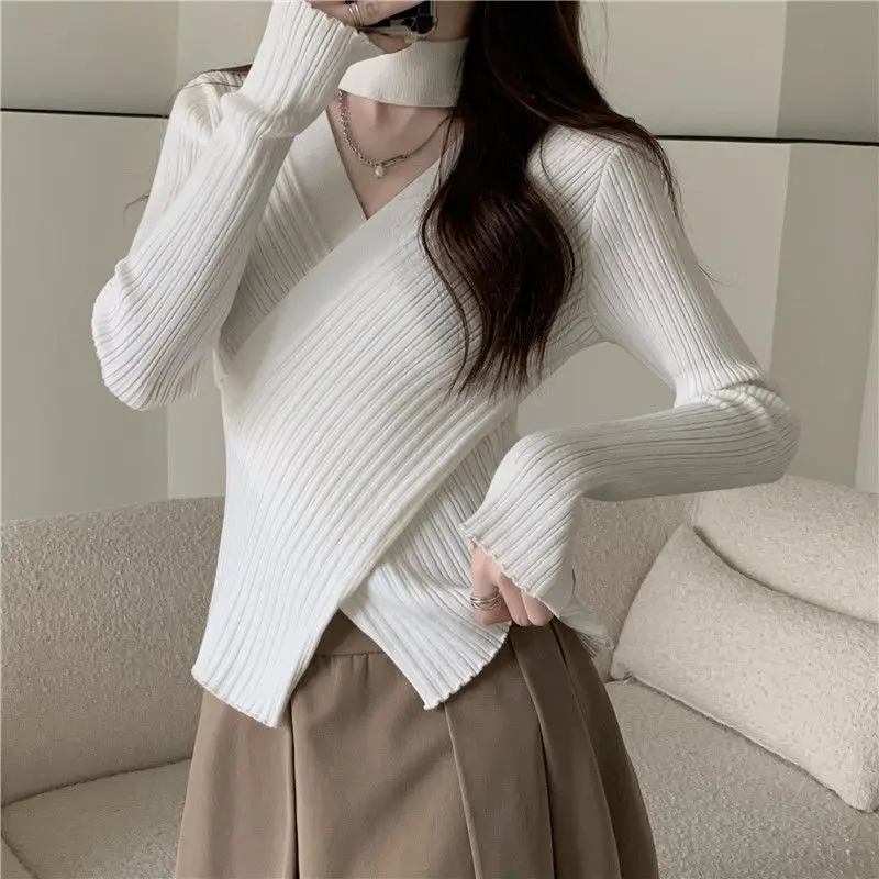 Sexy Hollow Out Slim Knitting Pullovers Tops Autumn Winter New Long Sleeve Solid Irregular Sweaters Y2K Fashion Women Clothing