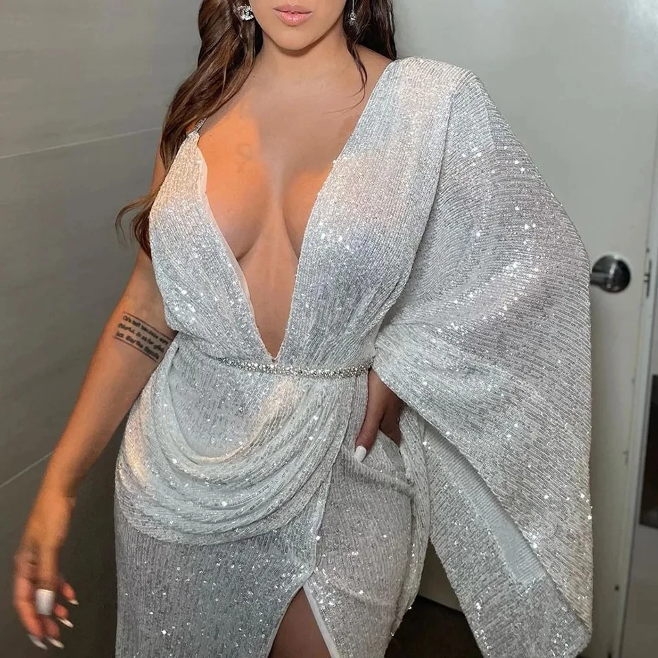 

2025 New Silver Sequin Halter Backless Deep V Neck Slit Light Mature Sexy Dress Women Fashion Gown
