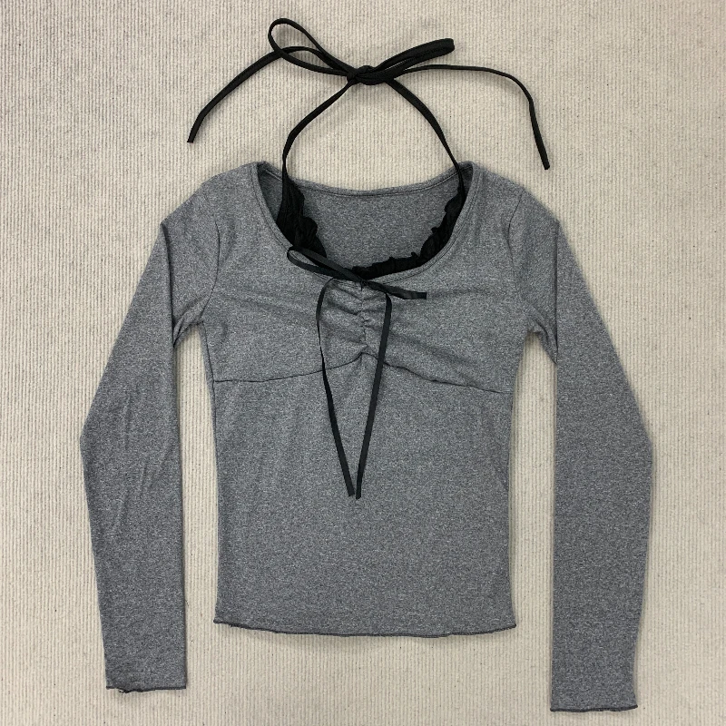 

Pure desire to hang neck t-shirt for women, autumn splicing, slim fit, two piece long sleeved short cut, slimming top