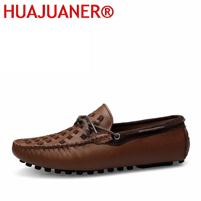 New Italian Summer Weave Shoes Men Casual Luxury Brand Mens Leather Loafers Male Breathable Boat Shoes Slip On Driving Moccasins