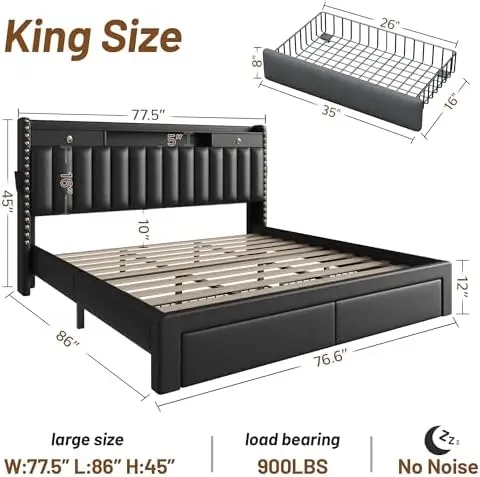 King Size Bed Frame with 2 Tier Storage Headboard, Upholstered King Bed Frame with 4-Storage Drawers, 3 USB & Type-C