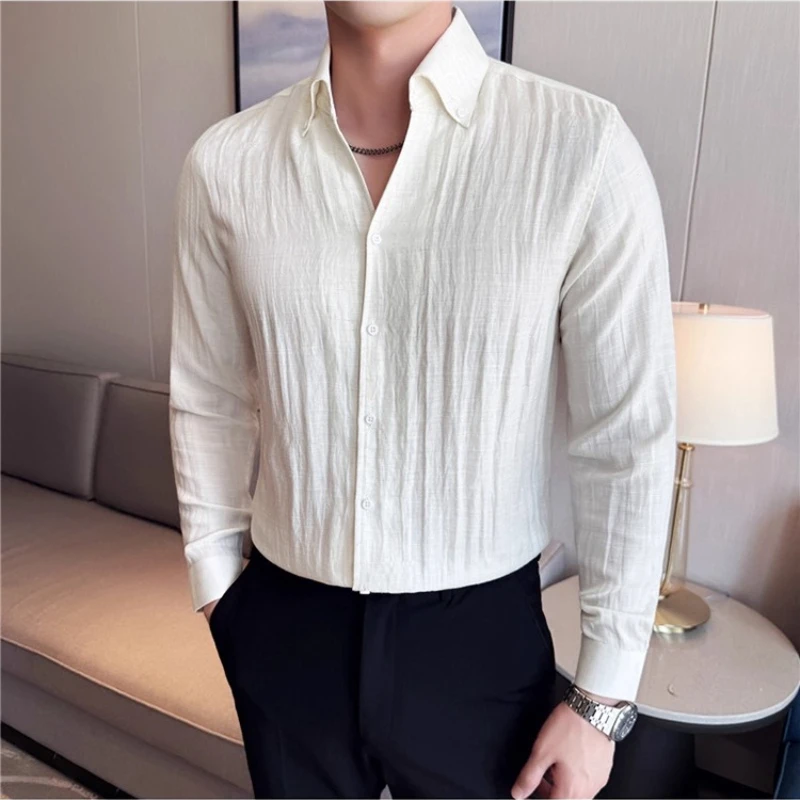 2025 Men's Linen Long Sleeved Shirt Fashionable Business Casual Lightweight Breathable Comfortable Casual Solid Color Shirt