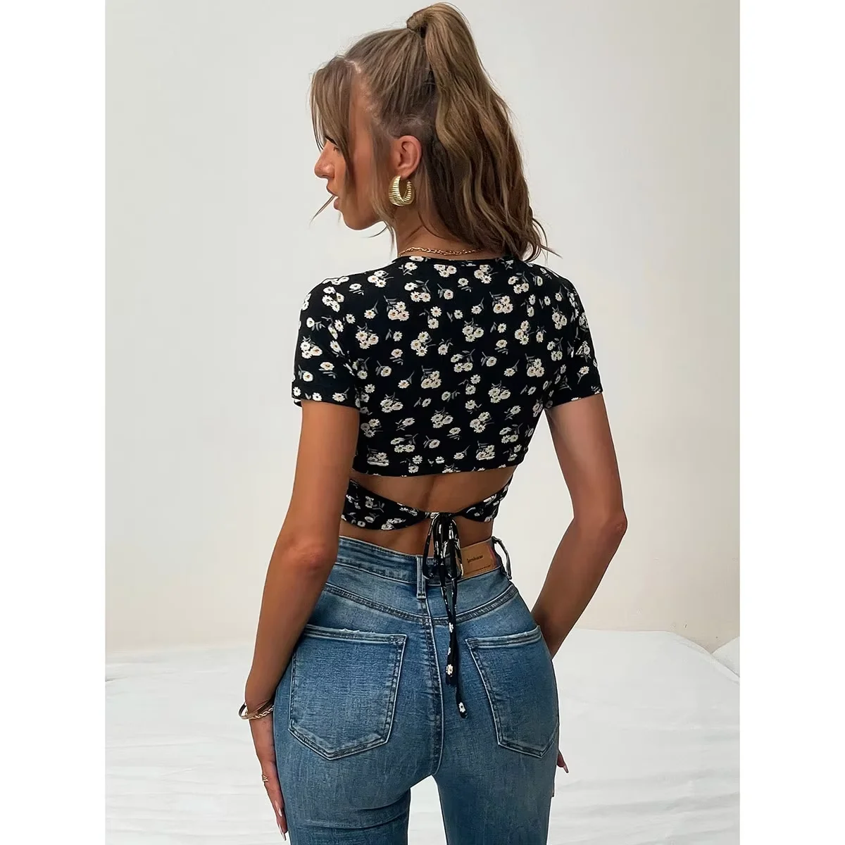 Nieuwe vintage Franse V-hals laag uitgesneden taille print puur verlangen voor elegant vrouwelijk alles met crop T-shirt vrouw
