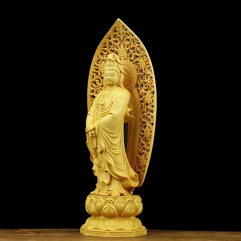 Solid wood lotus statue of Guanyin ，Wooden hand-carved， Chinese Buddha Statue Exquisite carving Home decoration accessories 27cm