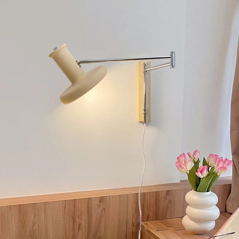 Nordic LED Wall Lamps Cream Color Long Arm Rocker Arm Lamp Simple Creative Bedroom Bedside Living Room Study Reading Wall Lights