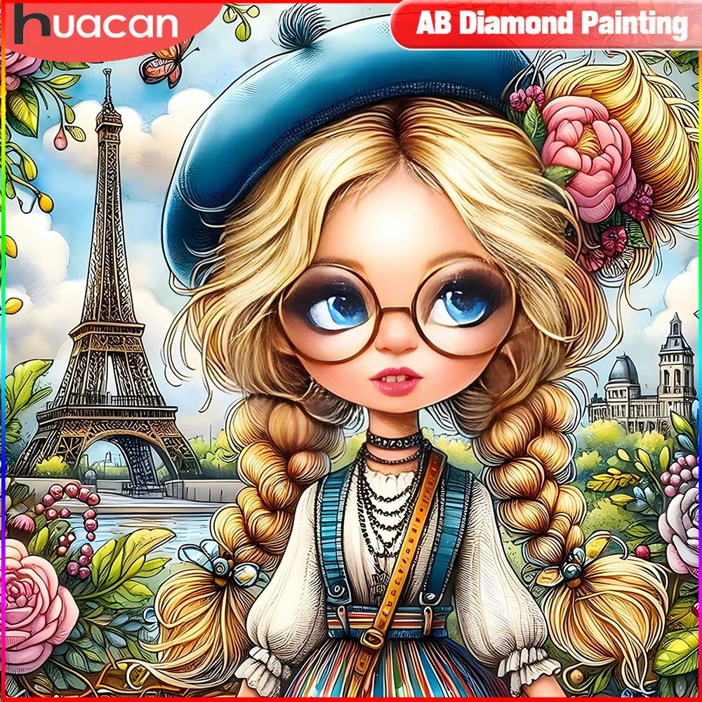 HUACAN Diamond Painting Girl Full Square Round Eiffel Tower Picture Embroidery Portrait Mosaic Rhinestones Handmade Hobby