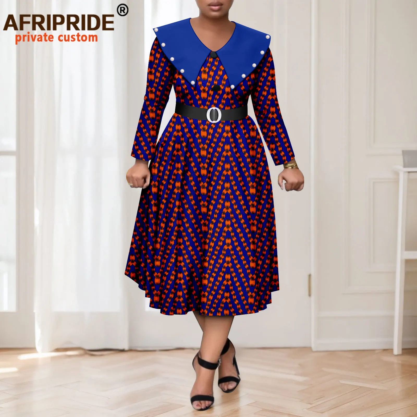 African Dresses for Women Embroidered Flares High Waist Print Dress Casual Party Outfit Dashiki Clothing with Belt 2525047
