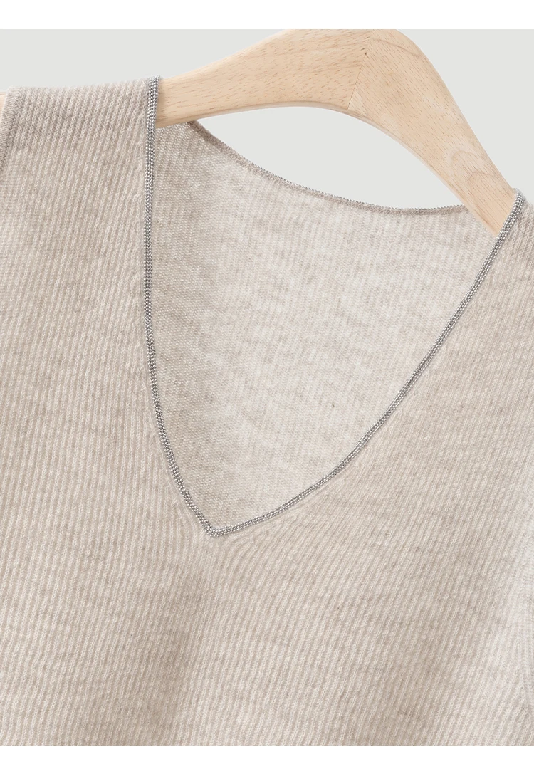BL3621706 Damen V-Ausschnitt Kaschmir Geripptes Strick-Top Ärmellos Kettenhals-Abschluss Figurbetont Dezente Eleganz Old Money Frühherbst – Detail 18