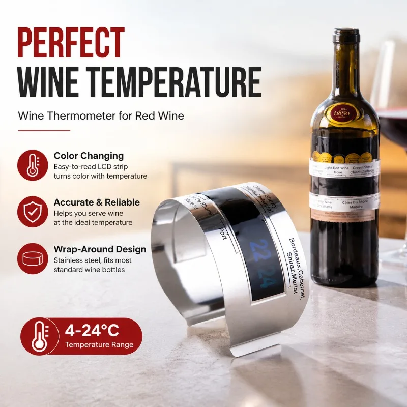 Stainless‑steel Wine Thermometer Liquid‑crystal Color‑changing Temperature Sticker Wrap‑around Red‑wine Temp‑detect Gadget