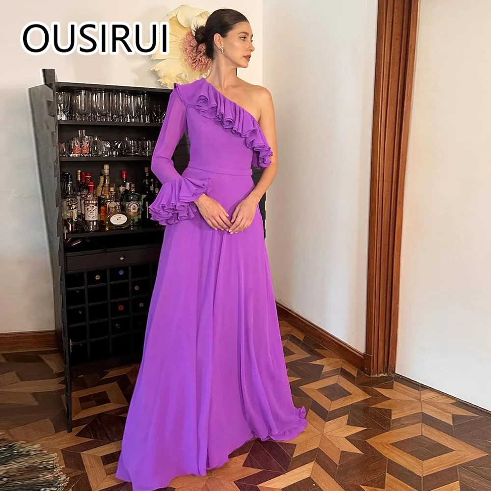 

OUSIRUI One Shoulder Chiffon Ruffles Performance Prom Dress A-line Holiday Prom Gown with Trian for Women vestidos de fiesta