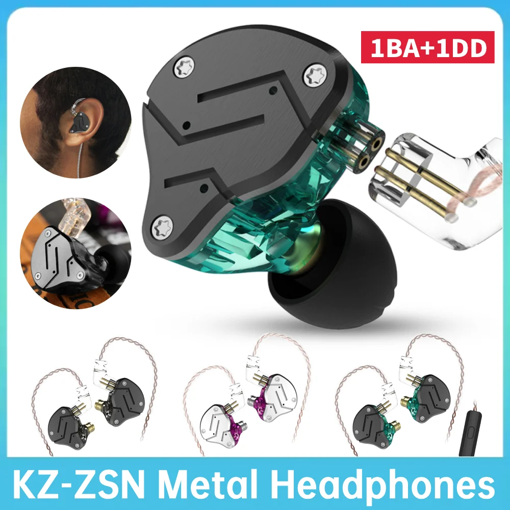 KZ-ZSN سماعات رأس معدنية بتقنية هجينة 1BA + 1DD HIFI Bass سماعات أذن بتقنية هجينة HIFI سماعات أذن داخل الأذن