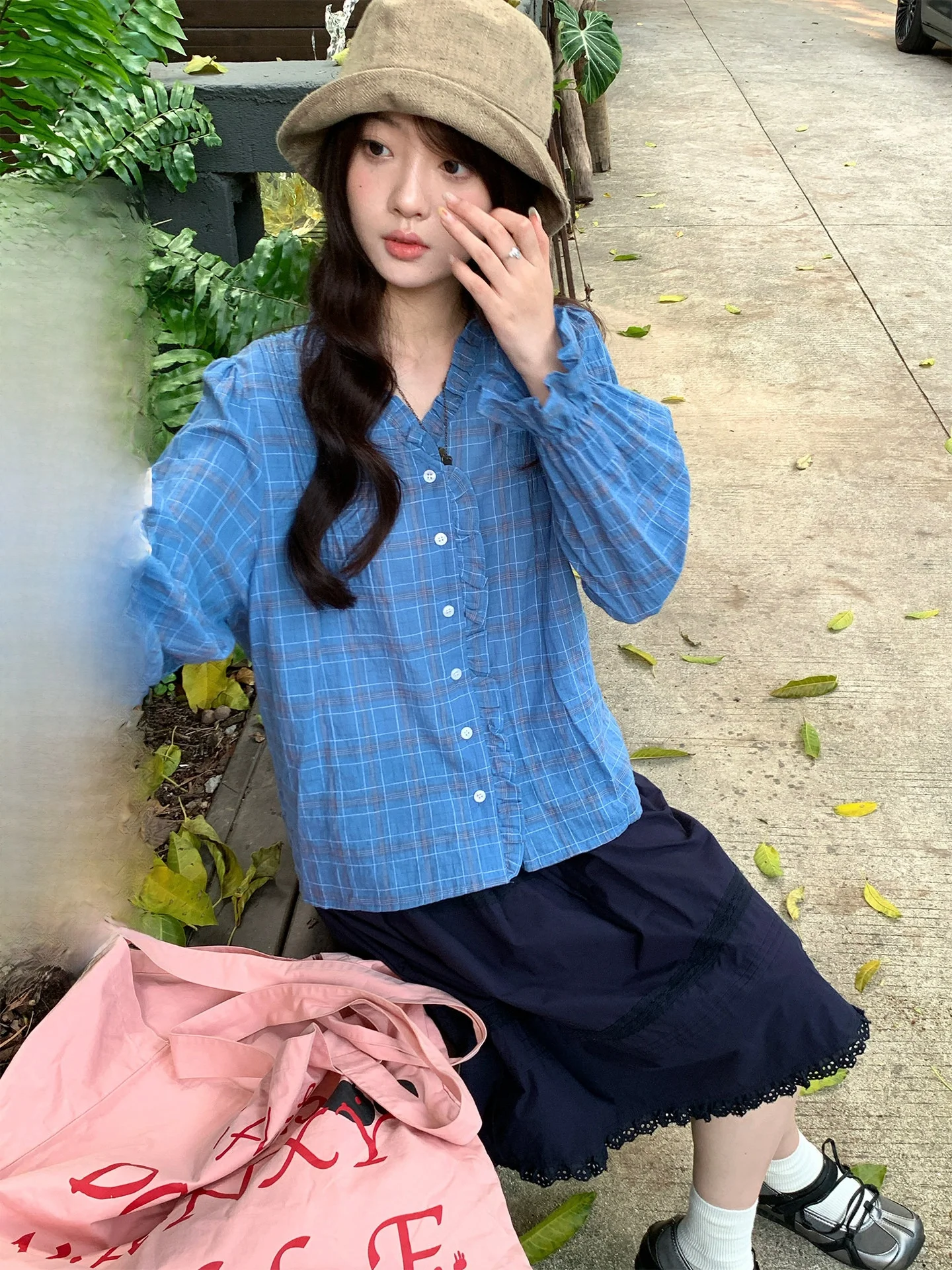 

Retro Korean Style Long Sleeve V-Neck Shirt Women's Plaid Shirt Holliii Spring 2026 New Arrival Breathable Loose Fit Casual S...