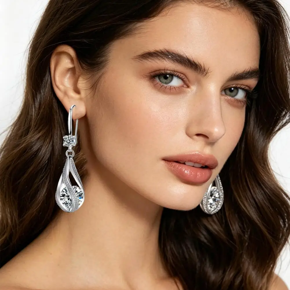 1 Pair Drop Earrings Cubic Zirconia Waterdrop Shape Long Earrings Lightweight Smooth Surface Hook Earrings Banquet Dance Accesso