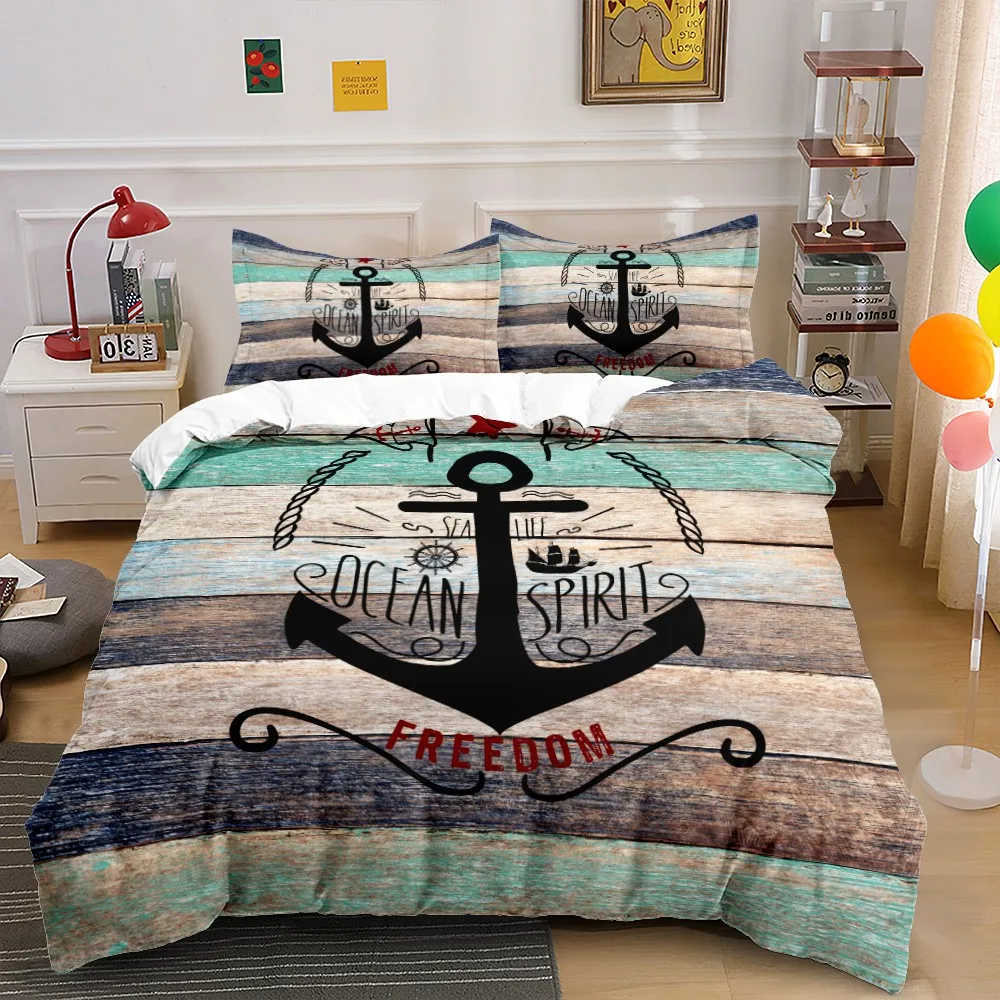 

New Nautical Ocean Anchor Bedding Sets Ocean Spirit Duvet Cover King Queen Single Size Bed Linen With Pillowcase Teens Boys Gift