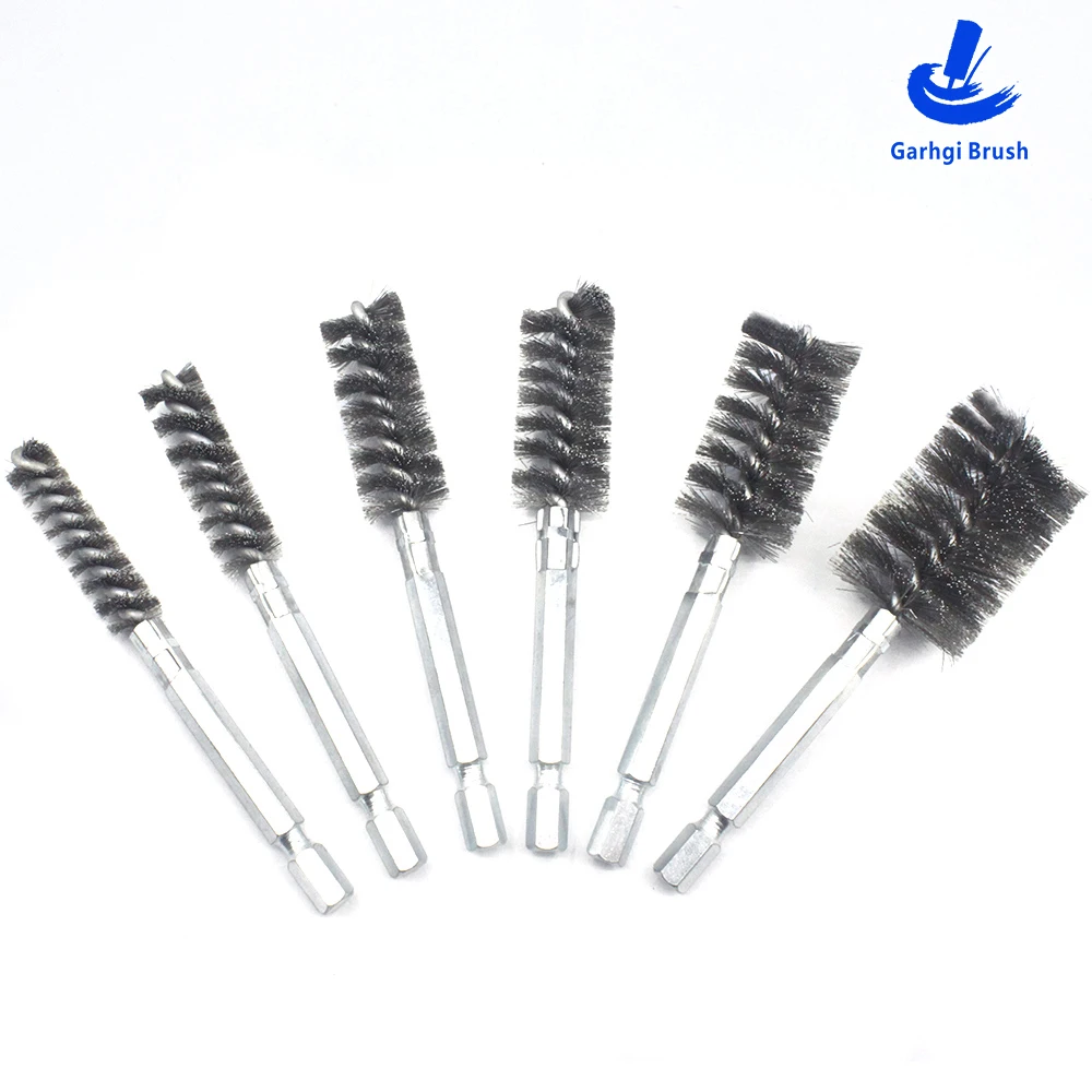 

1/4in Hex Shank Bore Drill Brushes as Power Tool Accessories for ID deburring Cleaning Rust removing in Stainless Steel Wire