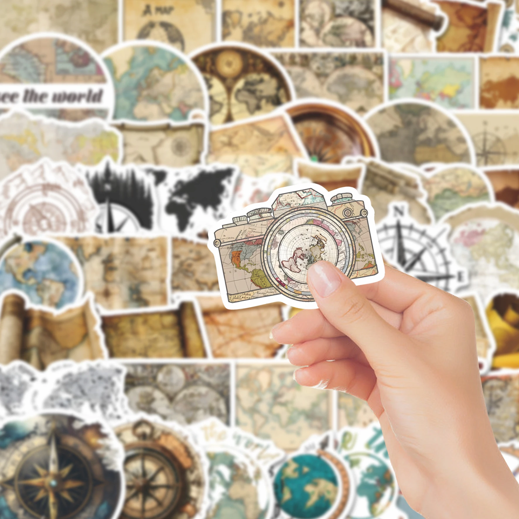 56pcs Retro World Map Stickers | Vintage Explorer Compass Decals for Laptop, Journal & Water Bottle, Nostalgic Aesthetic Fans