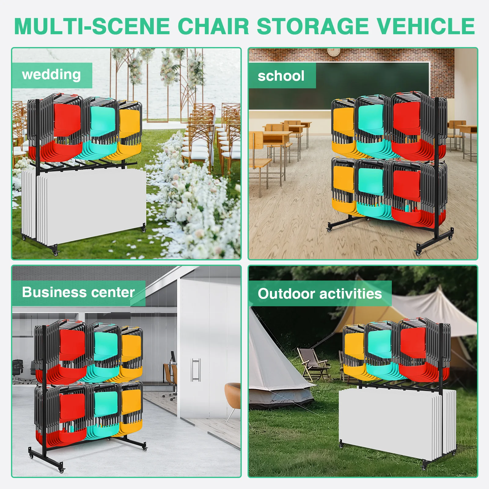 Folding Chair Rack with Locking Rubber Wheels Heavy Duty Folding Chair Cart Folding Chair and Table Rack for 84 Folding Chairs