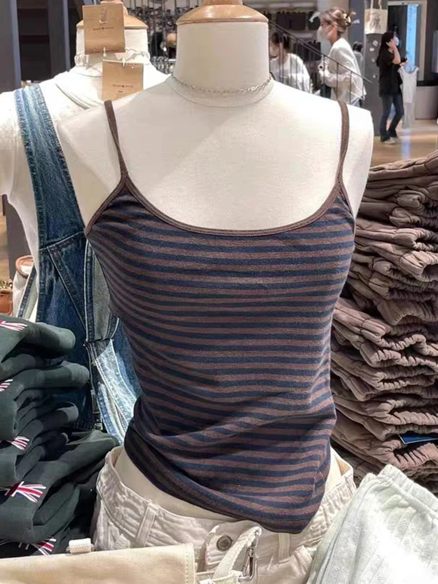 

Vintage Brown Striped Woman Slim Tank Top Summer Sexy Sleeveless Classic Vest 2023 Fashion Y2k Retro Cotton Crop Tops Clothes