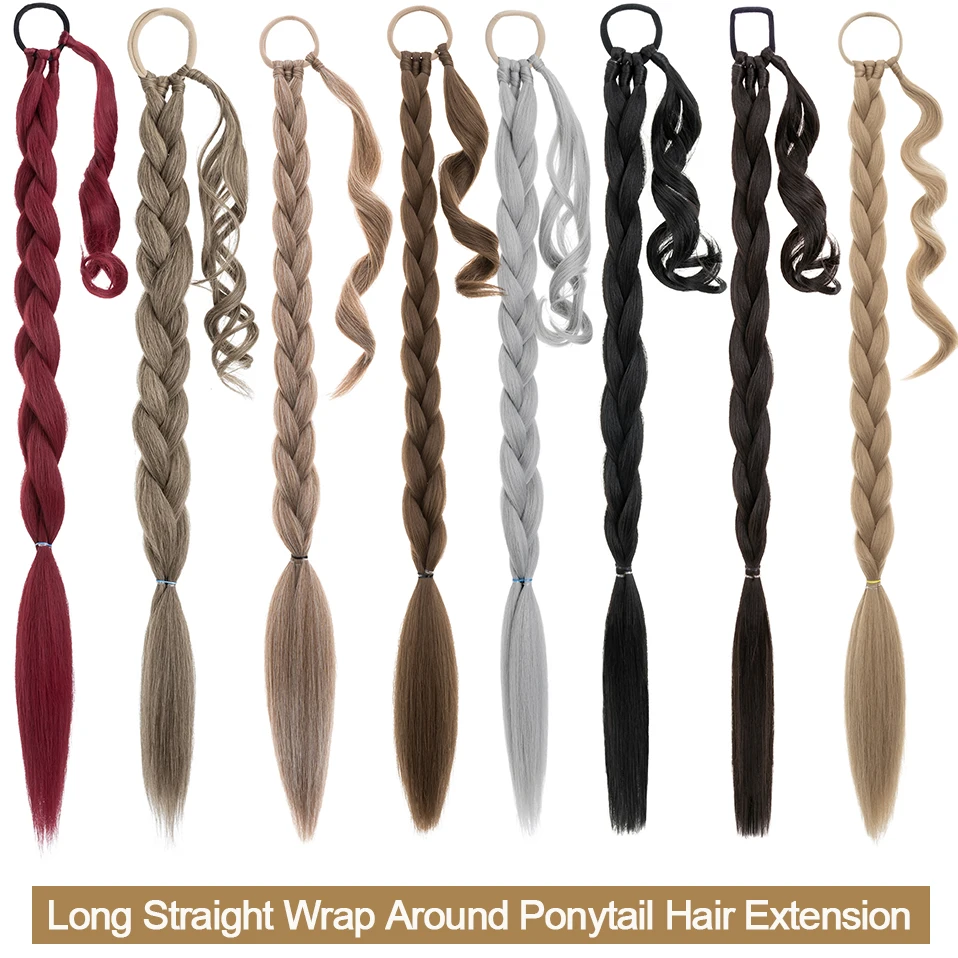 Benehair-Extension de queue de cheval longue tresse avec élastique, cheveux raides ronds, tresse de proximité synthétique, Wstring, 34 po