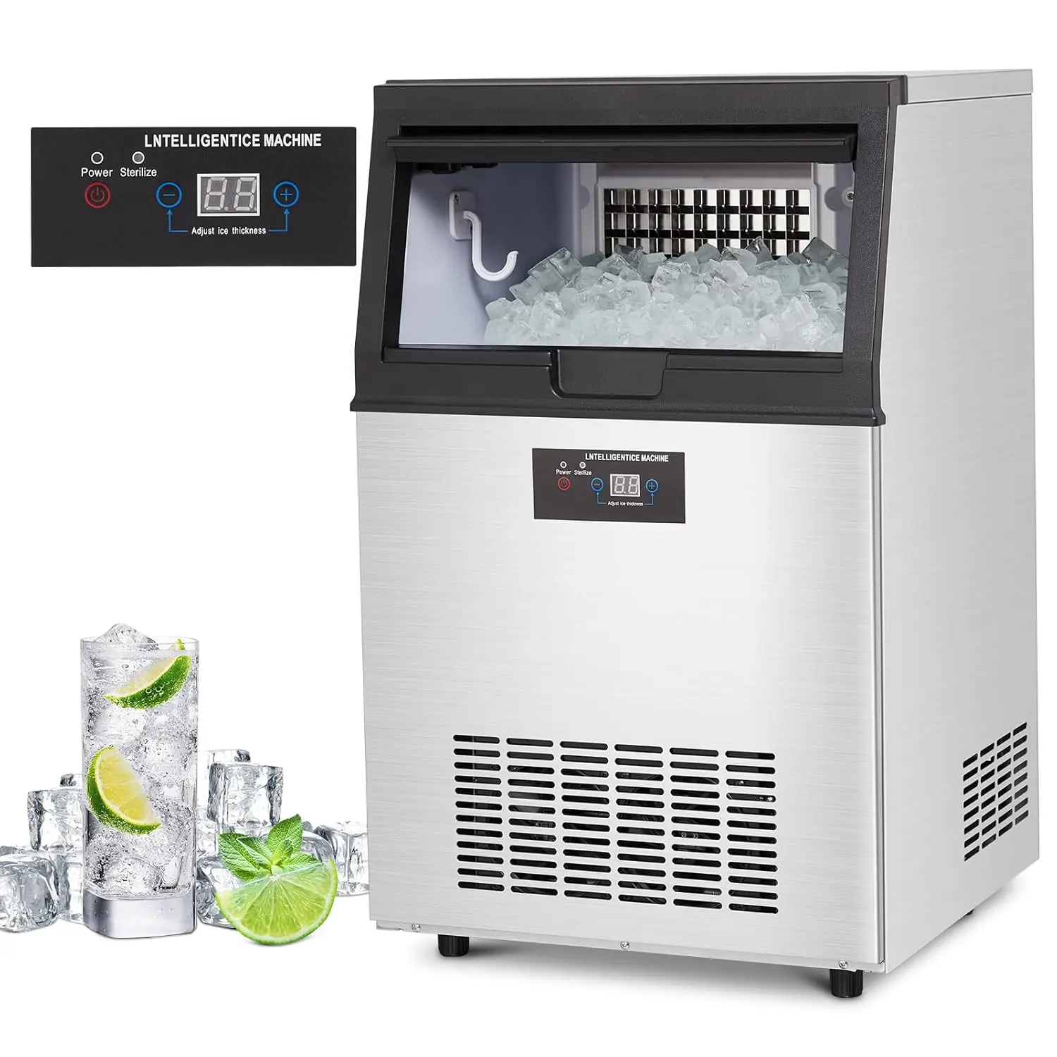 

Commercial Ice Maker Machine 90lbs/24H, Stainless Steel Under Counter ice Machine with 30lbs Ice Storage Capacity,, Customized