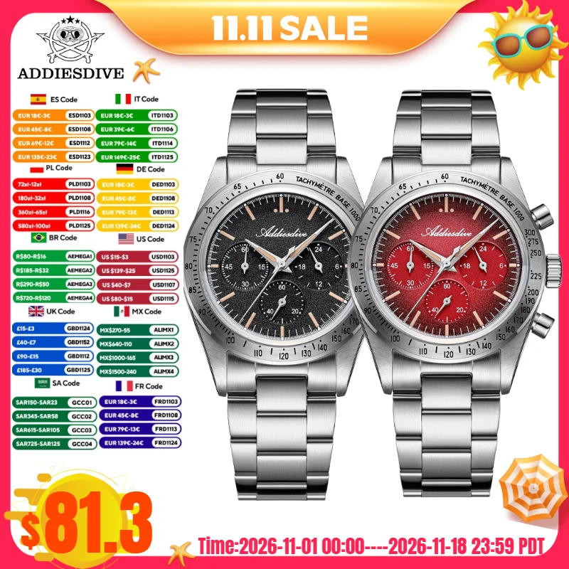 ADDIESDIVE 37mm Men Watch 10Bar Waterproof AD2552 316L Stainless Steel 0S20 C3 Vintage Luminous Luxury  Chronograph Quartz Watch