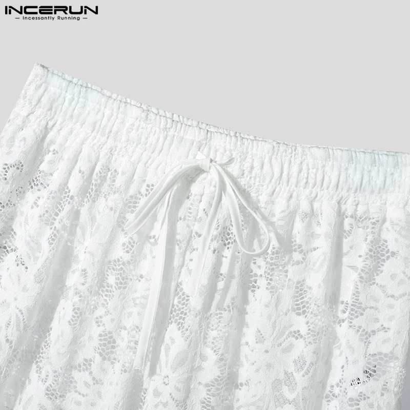INCERUN Men Pants Lace Mesh Transparent Drawstring Joggers Sexy Male Trousers Streetwear Loose 2025 Fashion Party Pantalon S-5XL