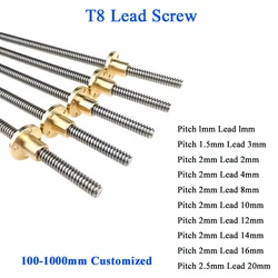 T8 Lead Screw Lead 2mm 4mm 8mm Lead Screw Trapezoidal Rod lead screw with Brass Nut for 3D Printer 100-600mm 304 Stainless Steel