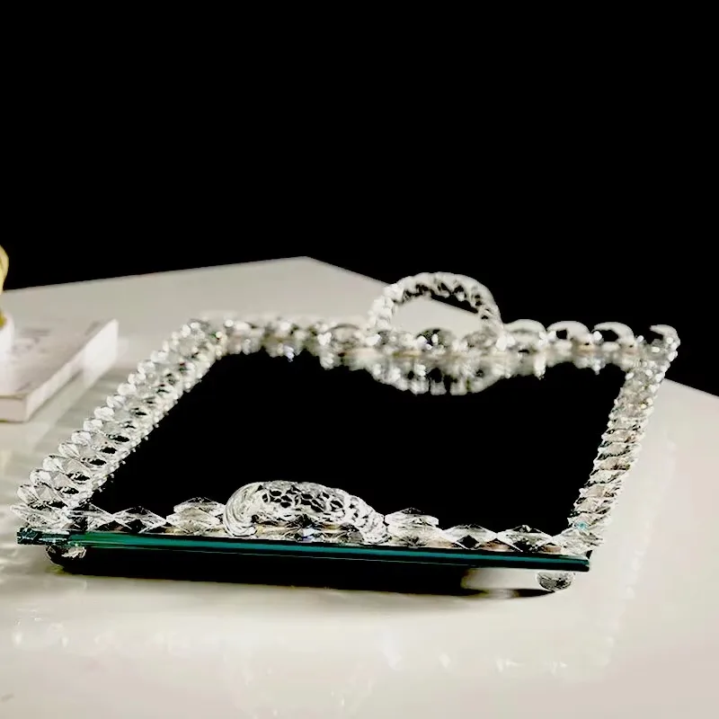 Wholesale Rectangle Square Display Candle Cosmetics Home Decoration K9 Crystal Glass Mirror Tray
