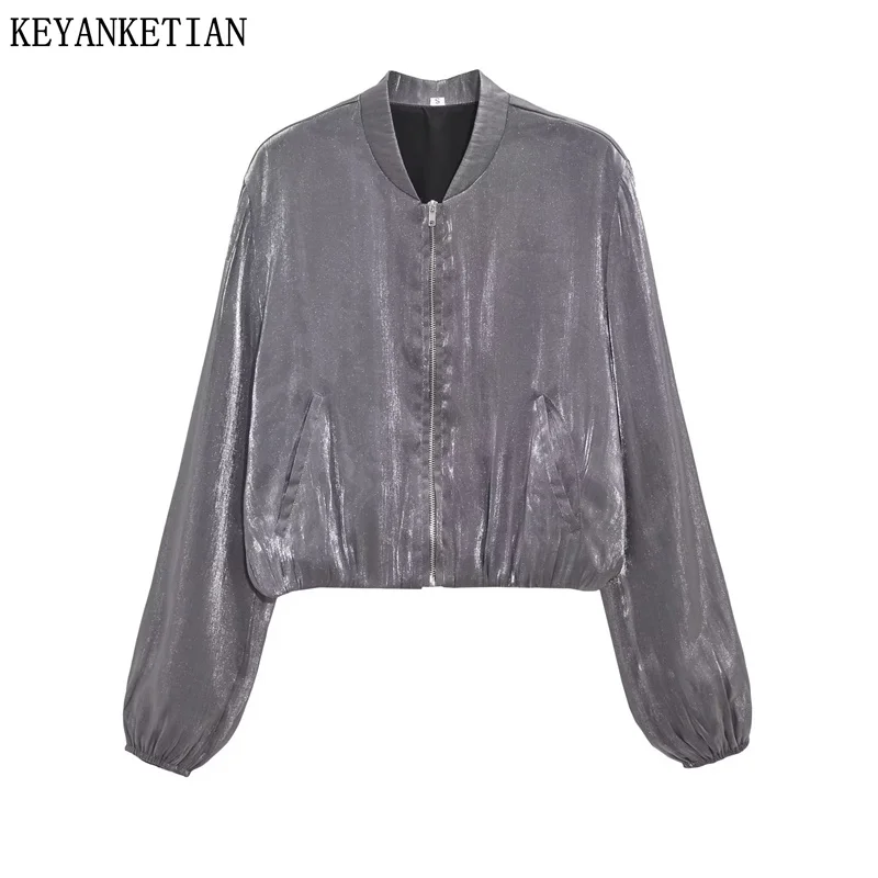 

KEYANKETIAN Autumn New Women's Dark Grey Metallic Shiny Silk Bomber Jacket Vintage Zip-up Loose Thin Jaqueta Feminina Crop Top