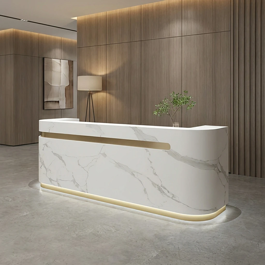 & Modern Minimalist Salon Front Desk Curved Cream Reception Desk Beauty Salon Checkout Counter Contemporary Office Furniture