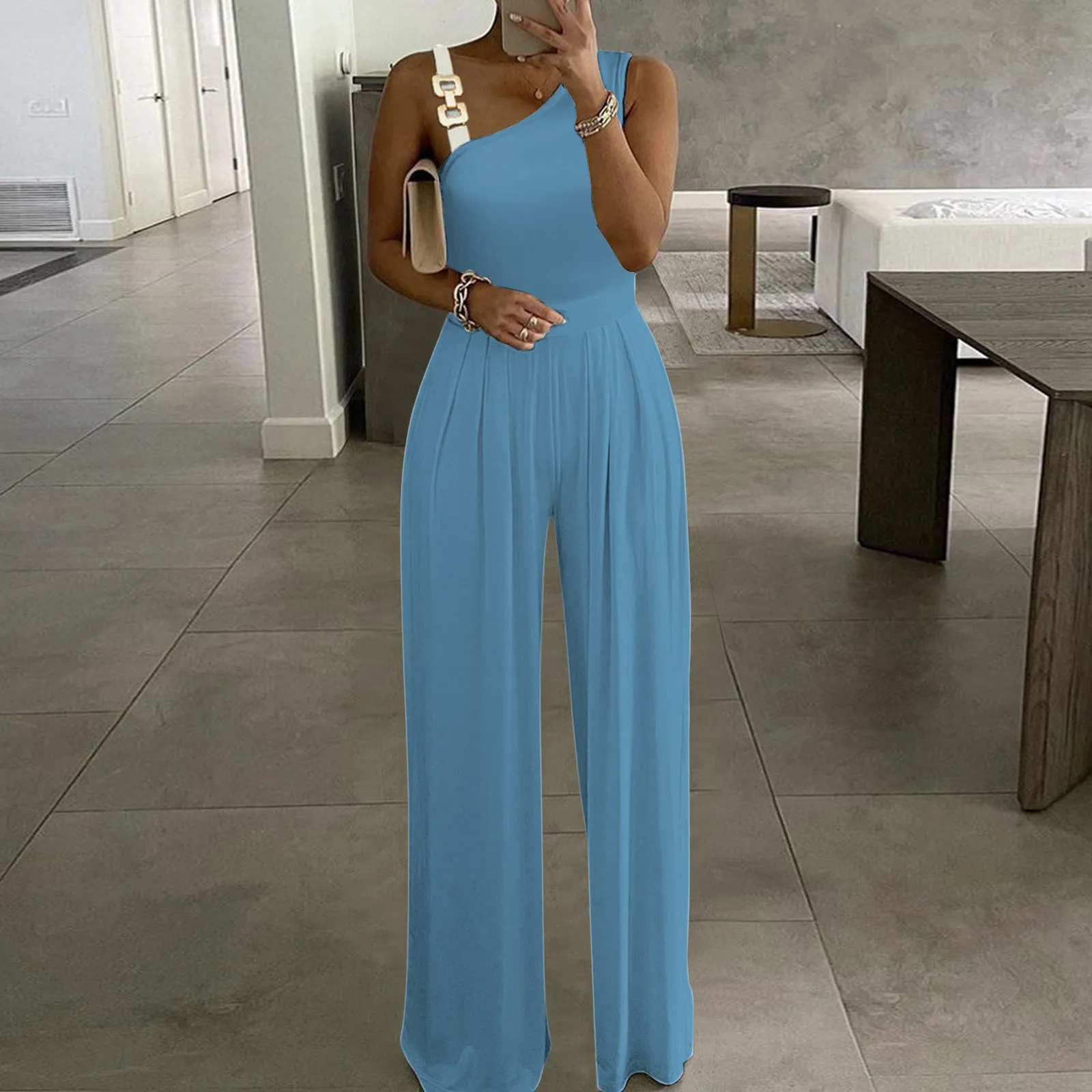 Youthful Woman Clothes Women Rompers Sexy Metal Button Tank Top High Waist Wide Leg Jumpsuit Solid Color Clothes For Women