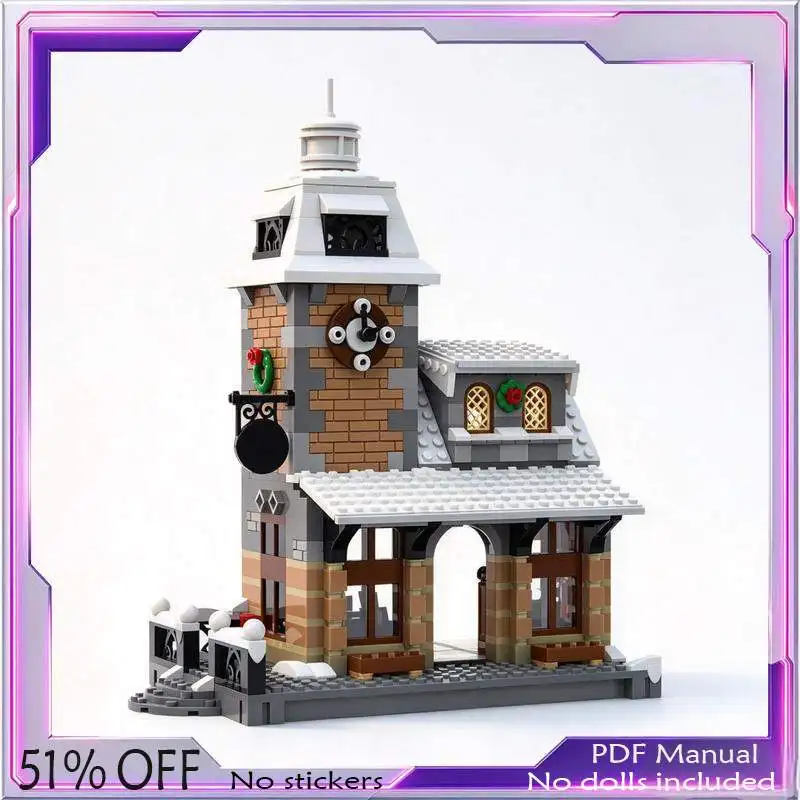 730-pieces-modele-de-gare-de-train-de-village-hivernal-blocs-de-construction-personnalises-architecture-ferroviaire-enneigee-kit-d'assemblage-collection-de-jouets-cadeau