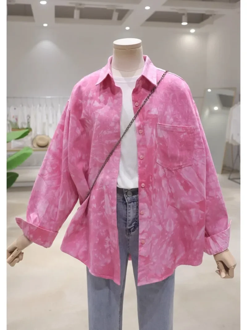 Single-breasted Pocket Personality Tie Dyeing Premium Sense Blouse Early Autumn New Loose Long Sleeves Cotton Denim Shirt Female