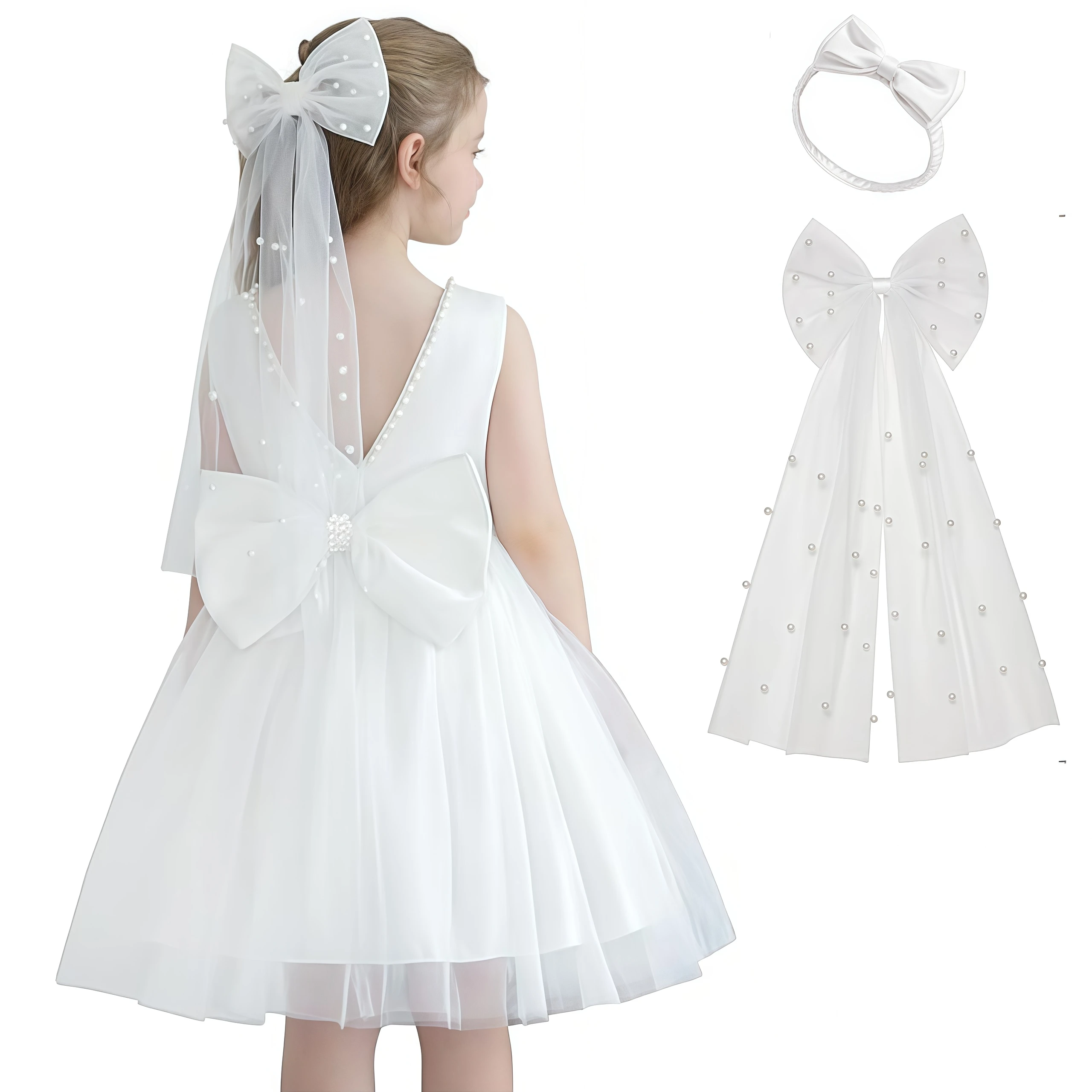 Elegant Flower Kids White Mesh Backless Bowknot Dress For Young Girls Birthday Party First Communion Wedding Graduation Gown