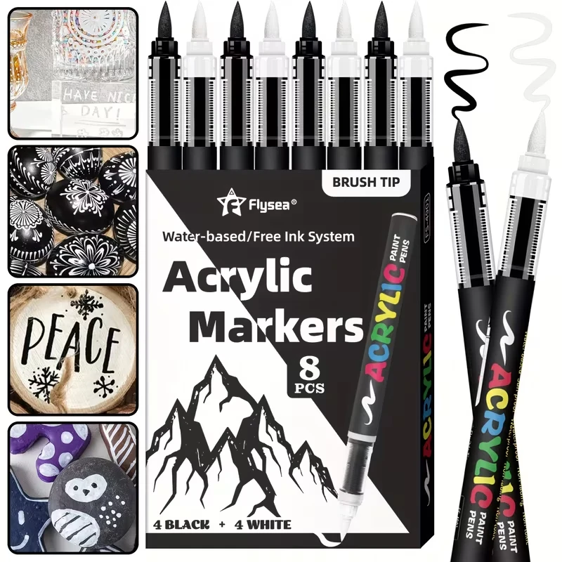 Paint Marker Set – Black, White, Silver, and Gold Highlighting Markers; Water-based for Hand-drawing, Painting, and Doodling.