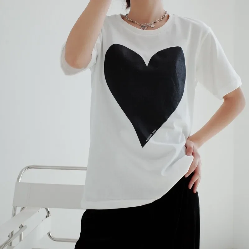 

Fashion Black Heart Print T Shirts Women Sping Summer Loose O Neck Short Sleeve Tops Korean Casual All Match Tees Homewear 2024