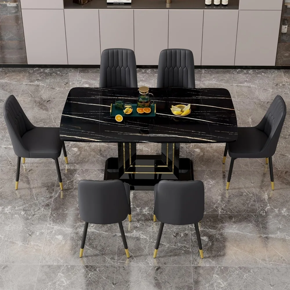 Dining Table Set for 6, Kitchen Table and Chairs for 6, Black Faux Marble Pattern Table with 6 Modern Dining Chairs