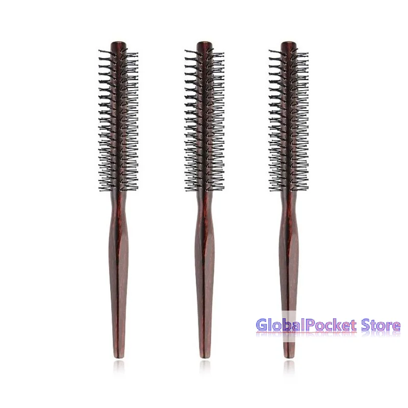 [TG823]Curly Hair Styling Roller Comb Mini Round Nylon Hair Brush With Wooden Handle For Thin Or Short Hair Men  Women Use