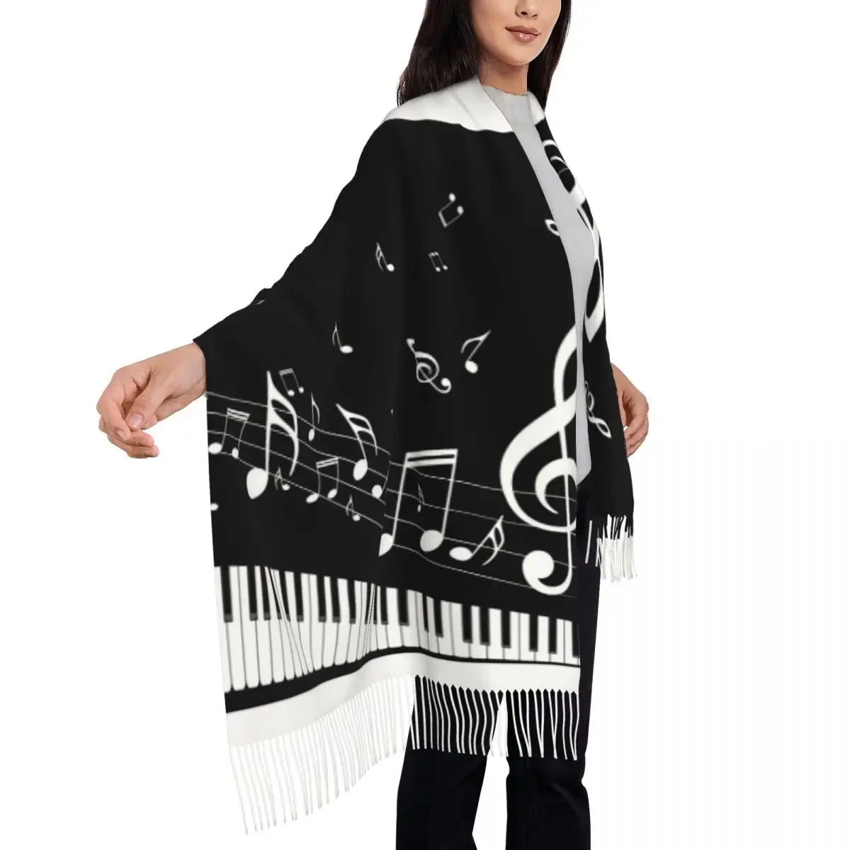 Abstract Piano Keys With Musical Notes Women's Tassel Shawl Scarf Fashion 