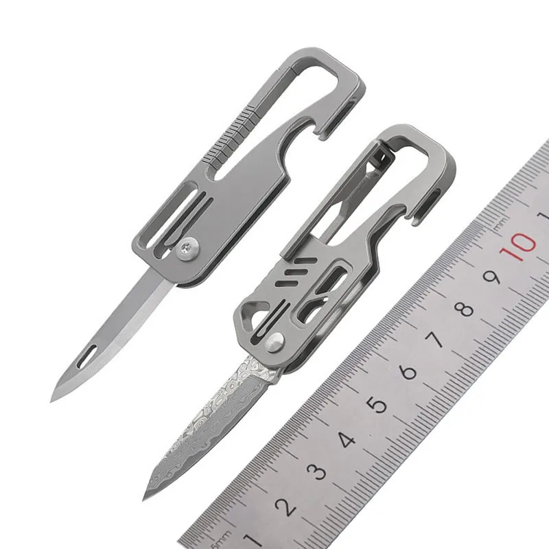 Titanium Alloy Folding Knife Damascus Blade D2 Portable Buckle Keychain Pocket Knife Outdoor Survival EDC Multitool for Men Gift