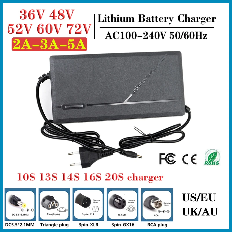 36V 48V 52V 60V 72V 2A 3A 5A Li-ion Battery Smart Charger For 10S 13S 14S 16S 20S 42V 54.6V 58.8V 67.2V 84V Cells fast charging